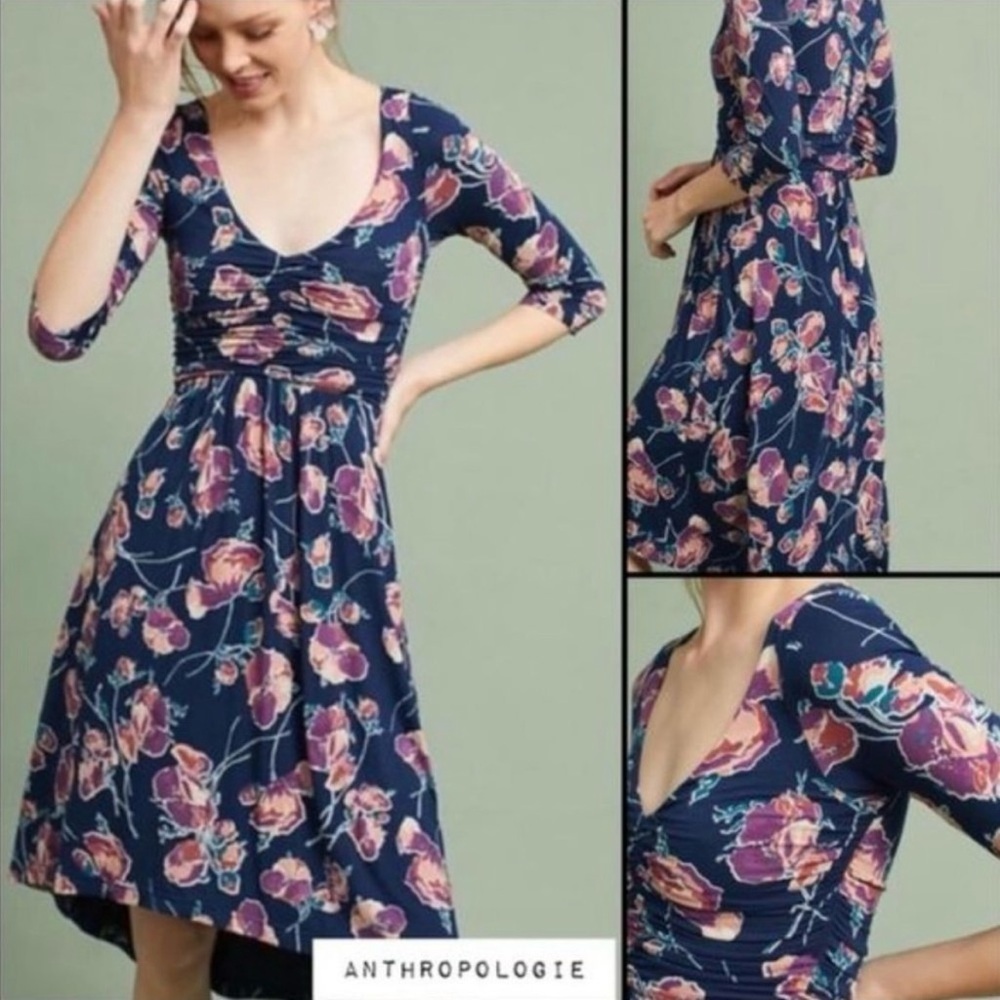 Anthropologie Maeve Midi Dress Floral Heppel Blue Purple Ruched Size Small - Picture 4 of 16